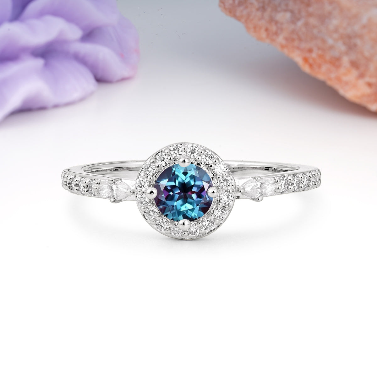 Distinctive Pavé Set 4 Prong Round Cut Alexandrite Wedding Ring - Additional view