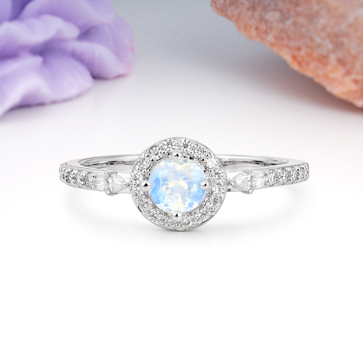 Distinctive Pavé Set 4 Prong Round Cut Moonstone Wedding Ring - Additional view