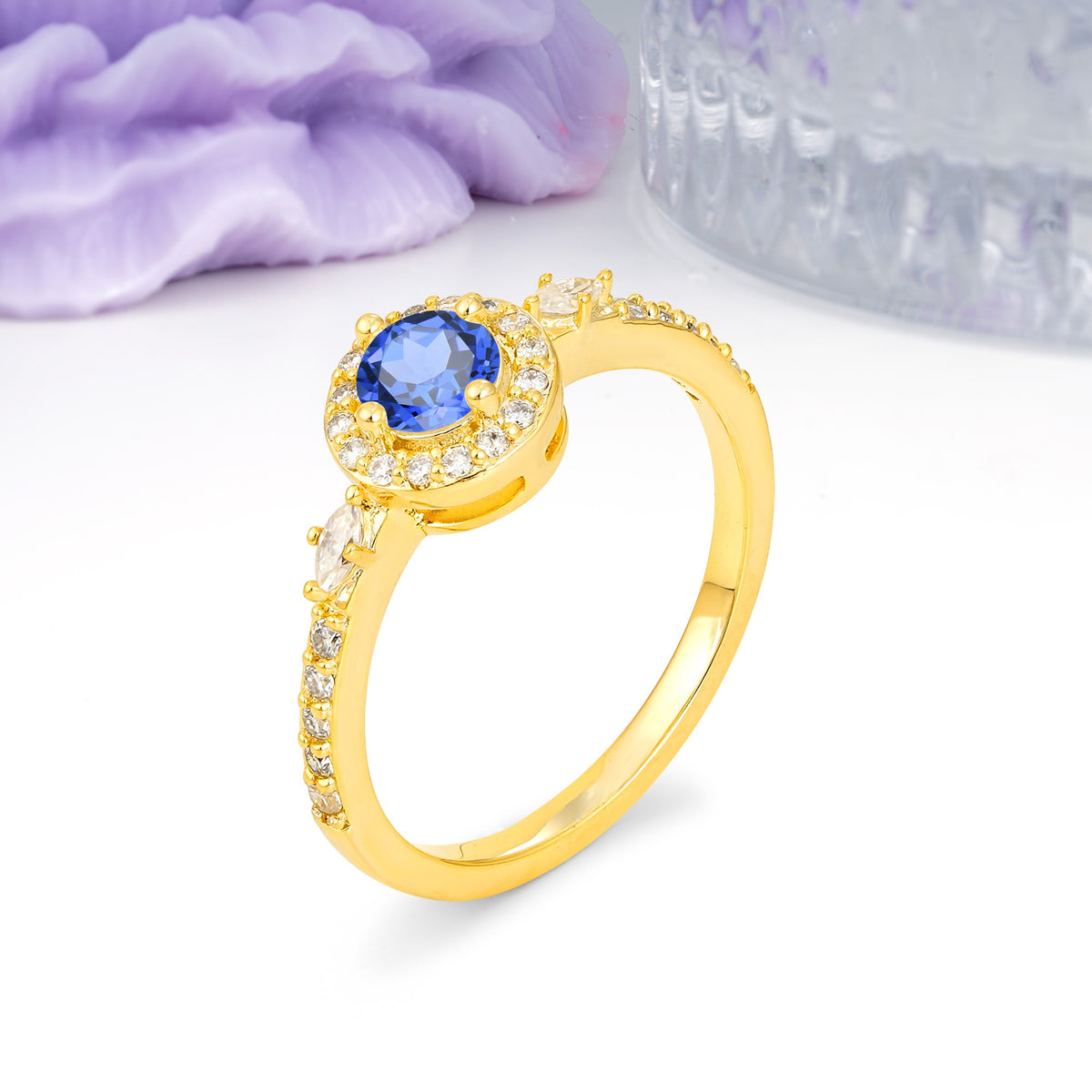 Distinctive Pavé Set 4 Prong Round Cut Sapphire Wedding Ring - Additional view