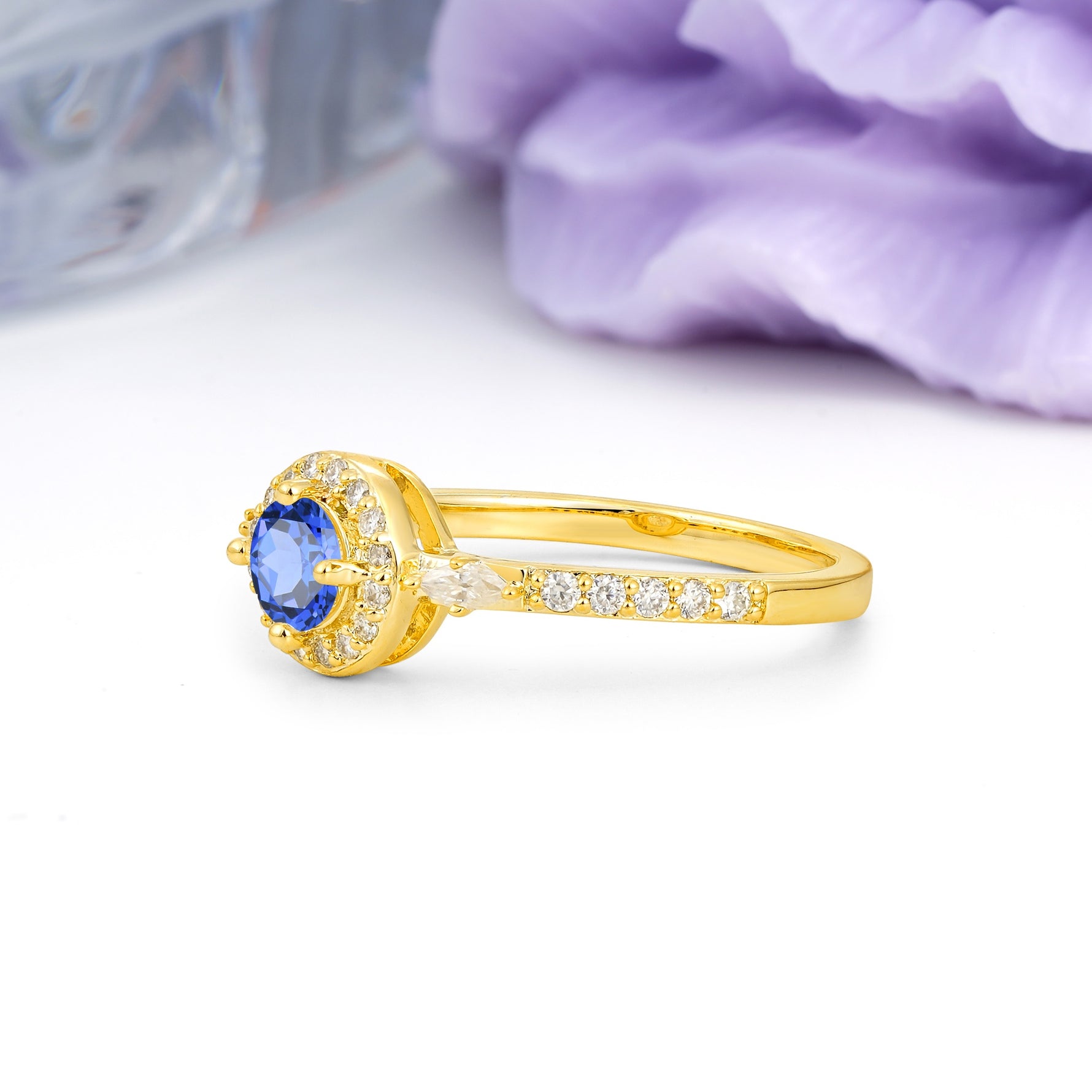 Distinctive Pavé Set 4 Prong Round Cut Sapphire Wedding Ring - Additional view