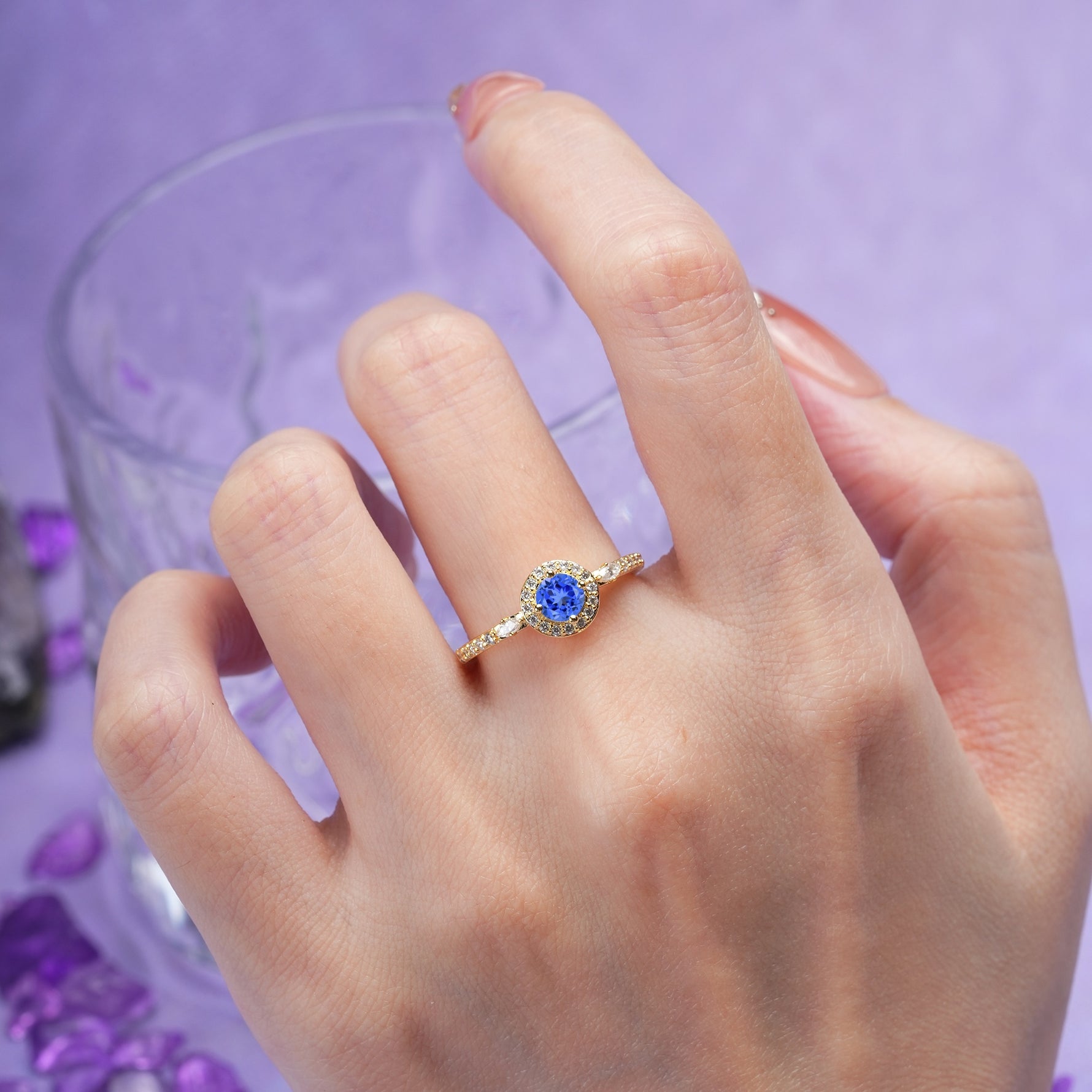 Distinctive Pavé Set 4 Prong Round Cut Sapphire Wedding Ring - Additional view