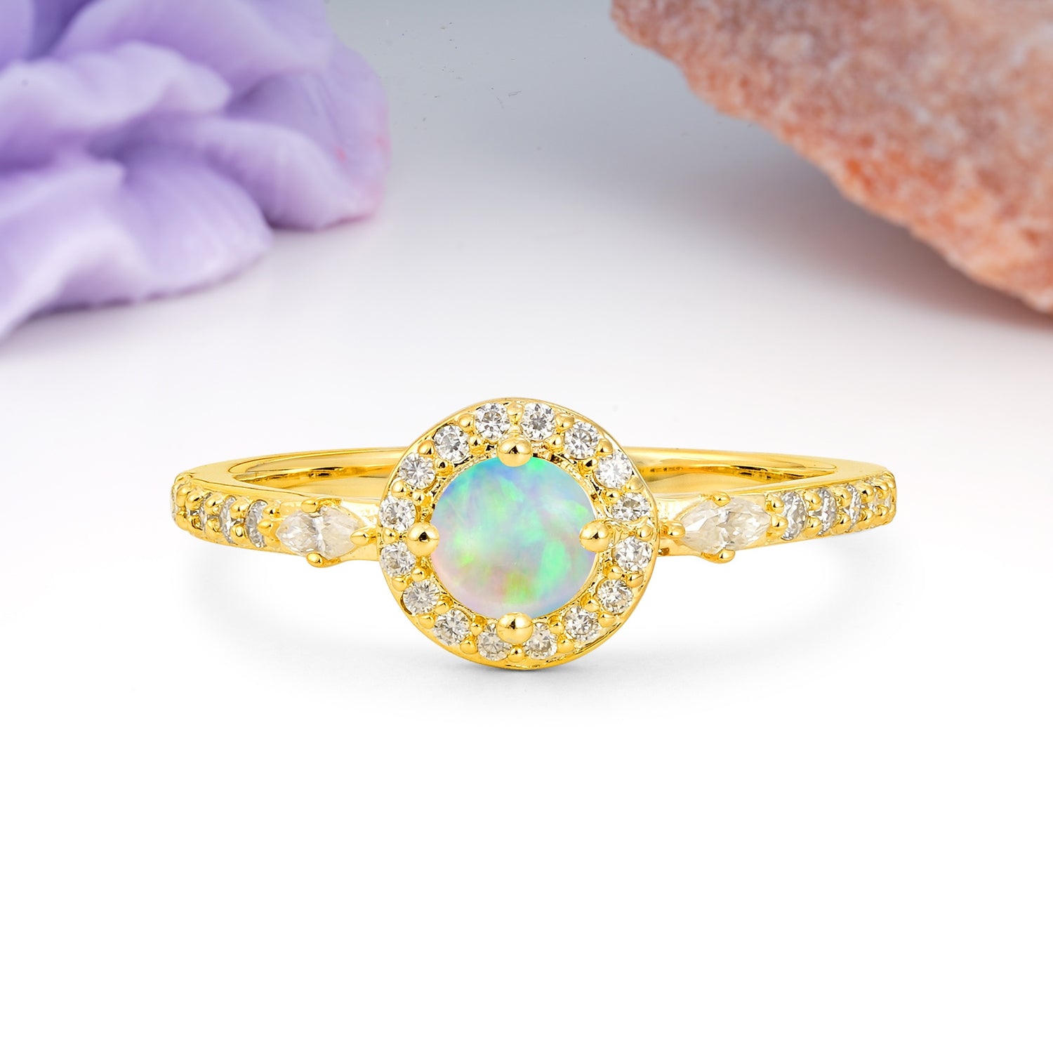 Distinctive Pavé Set 4 Prong Round Cut Fire Opal Wedding Ring - Additional view