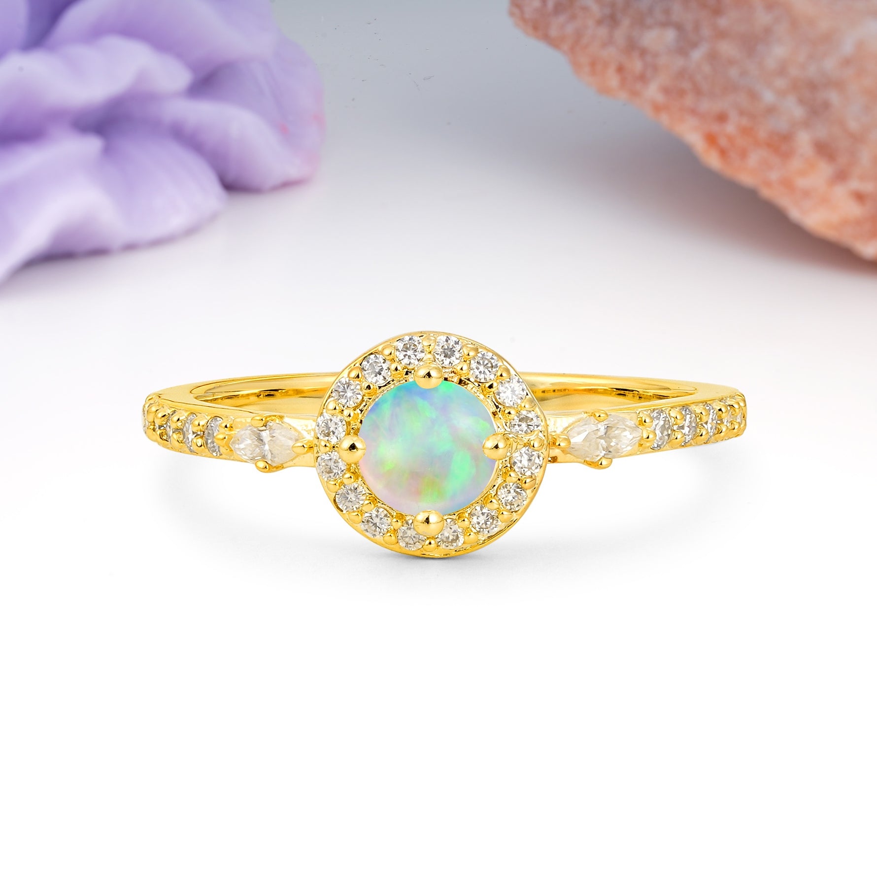 Distinctive Pavé Set 4 Prong Round Cut Fire Opal Wedding Ring - Additional view