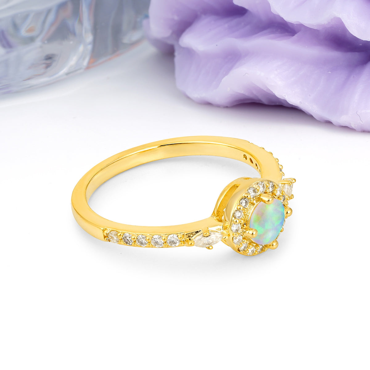 Distinctive Pavé Set 4 Prong Round Cut Fire Opal Wedding Ring - Additional view