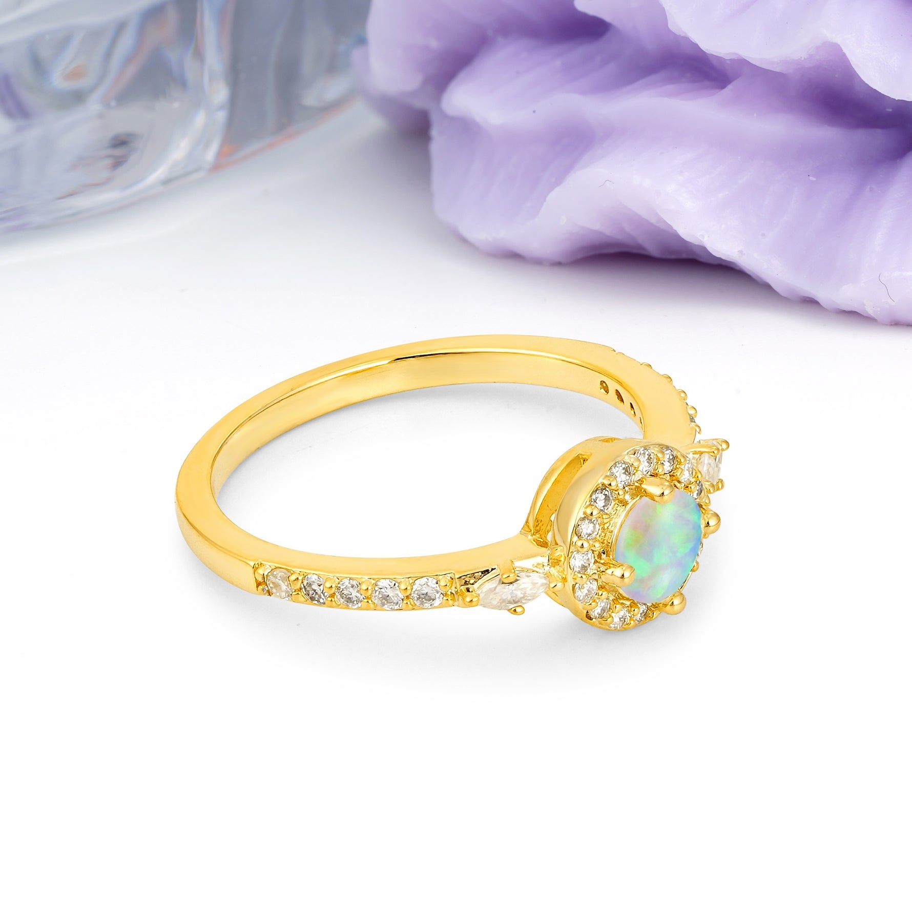 Distinctive Pavé Set 4 Prong Round Cut Fire Opal Wedding Ring - Additional view