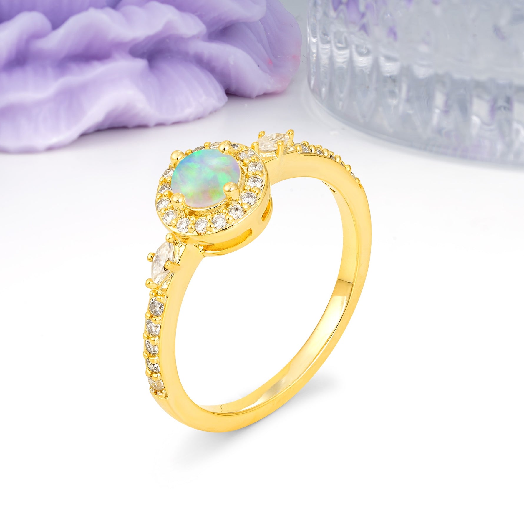 Distinctive Pavé Set 4 Prong Round Cut Fire Opal Wedding Ring - Additional view