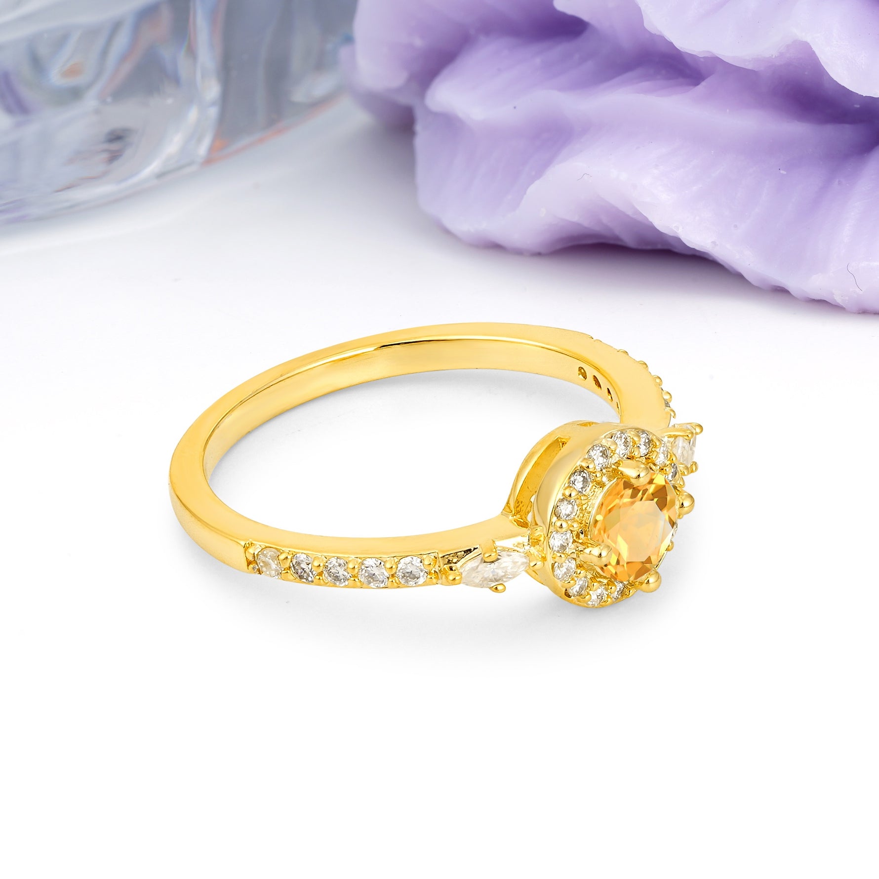 Distinctive Pavé Set 4 Prong Round Cut Citrine Wedding Ring - Additional view