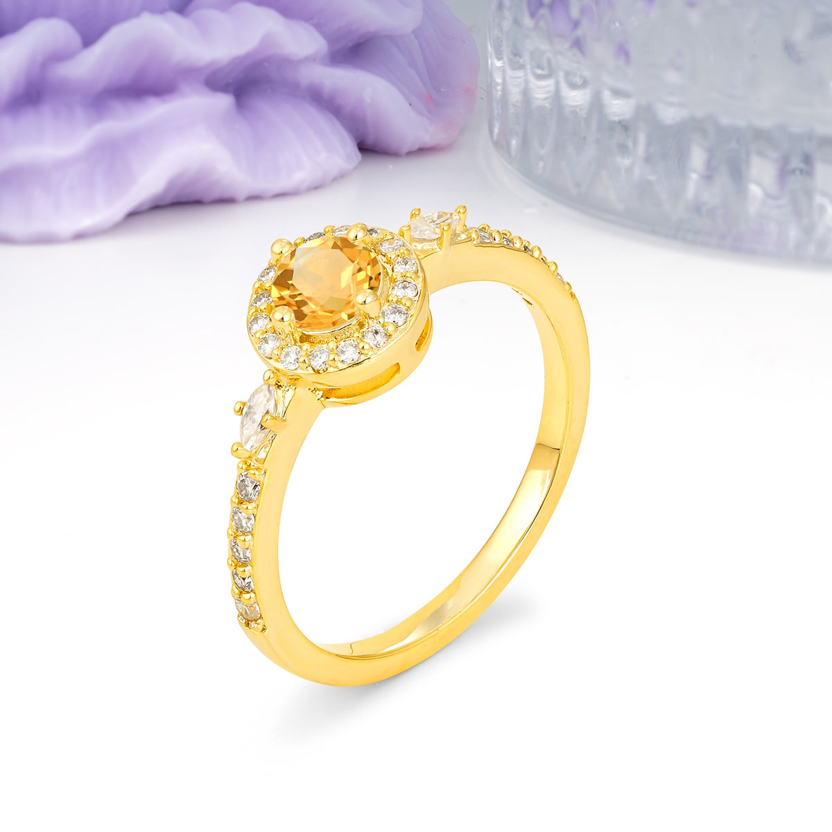 Distinctive Pavé Set 4 Prong Round Cut Citrine Wedding Ring - Additional view