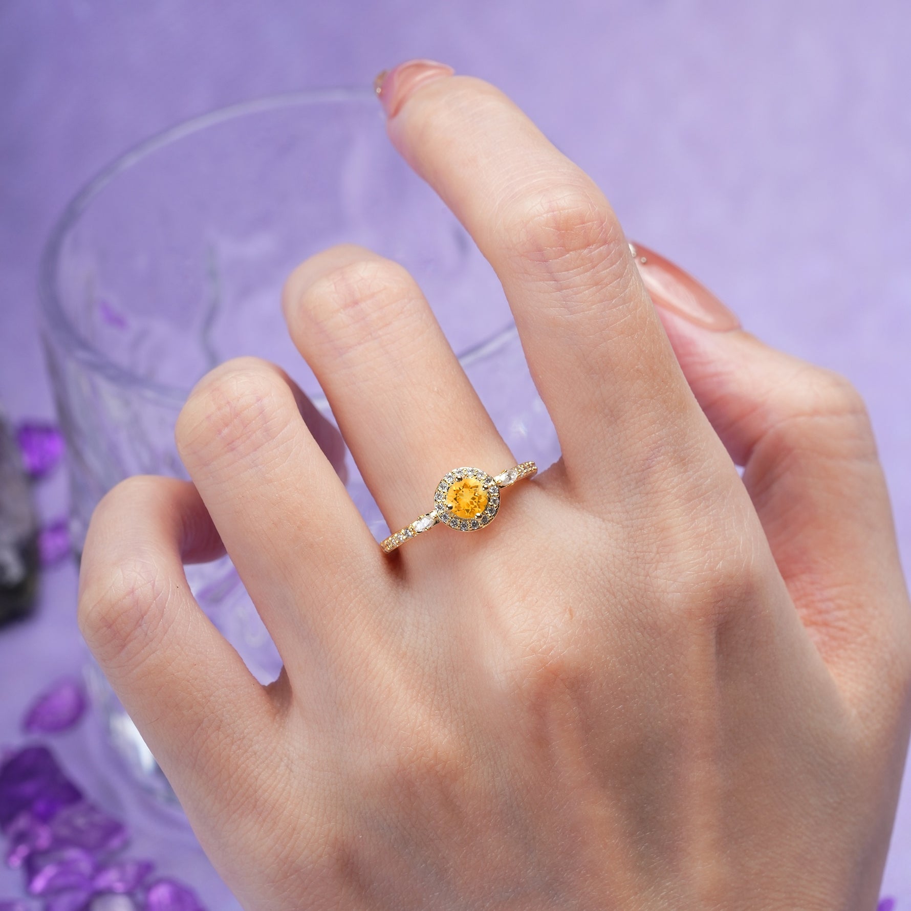 Distinctive Pavé Set 4 Prong Round Cut Citrine Wedding Ring - Additional view