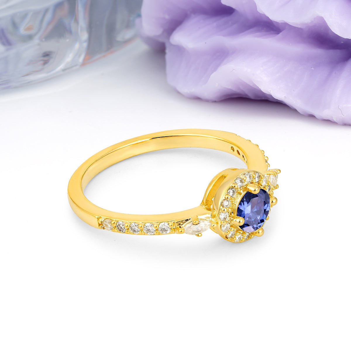 Distinctive Pavé Set 4 Prong Round Cut Tanzanite Wedding Ring - Additional view