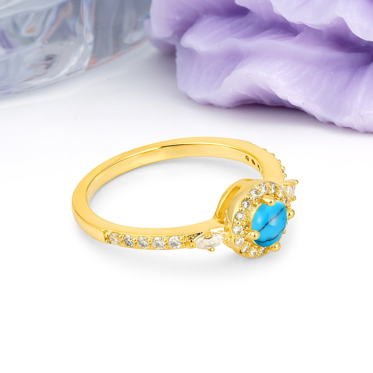 Distinctive Pavé Set 4 Prong Round Cut Turquoise Wedding Ring - Additional view