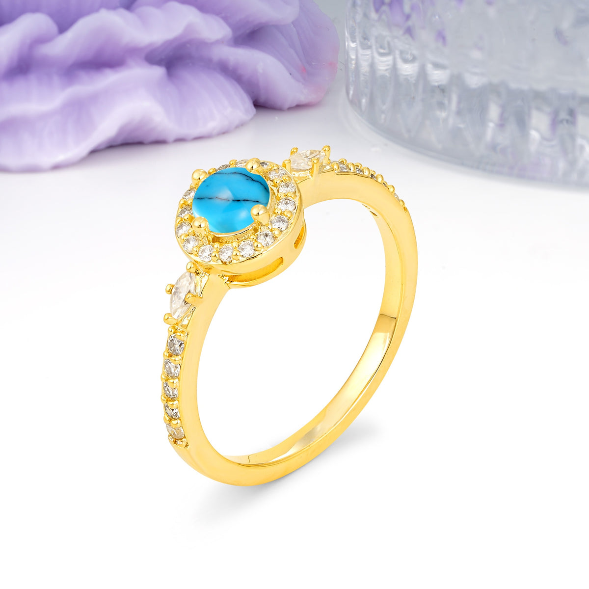 Distinctive Pavé Set 4 Prong Round Cut Turquoise Wedding Ring - Additional view