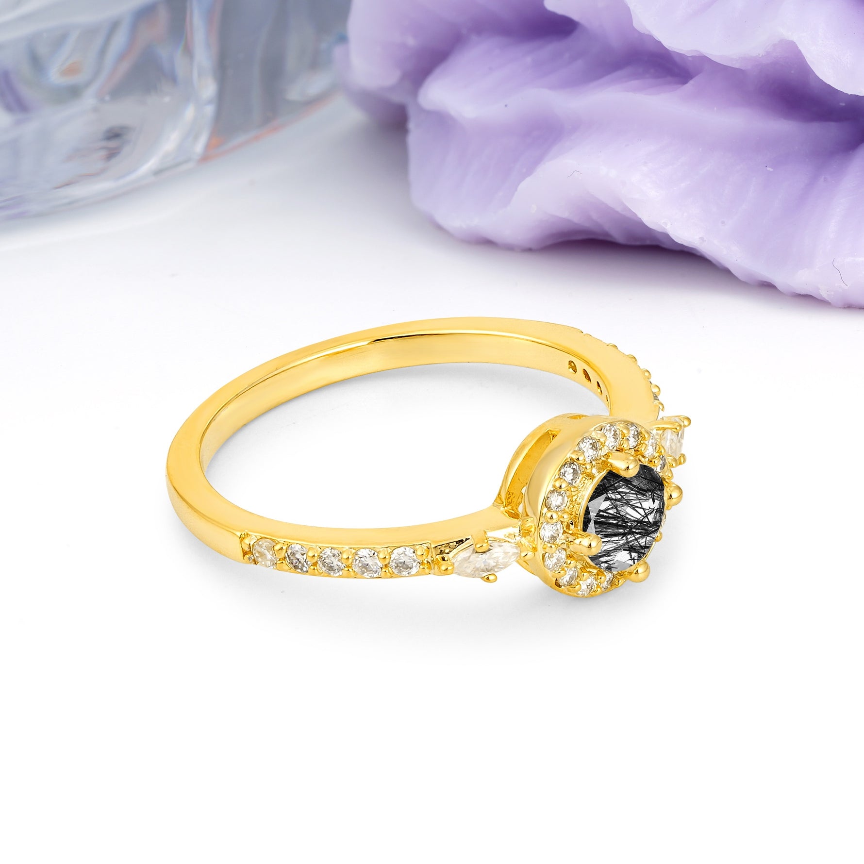 Distinctive Pavé Set 4 Prong Round Cut Black Rutilated Quartz Wedding Ring - Additional view
