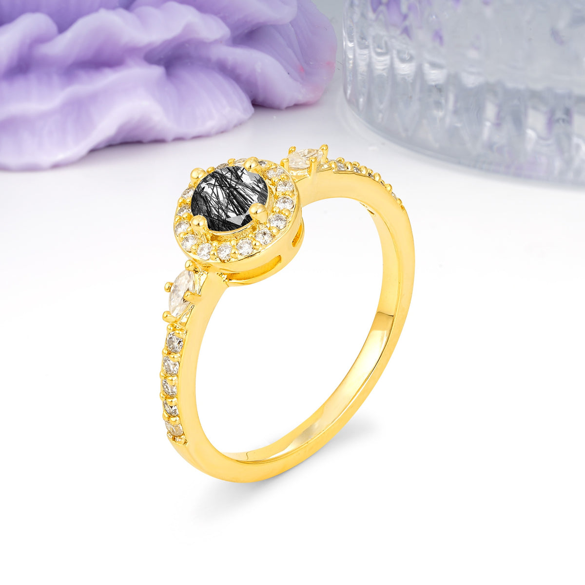 Distinctive Pavé Set 4 Prong Round Cut Black Rutilated Quartz Wedding Ring - Additional view