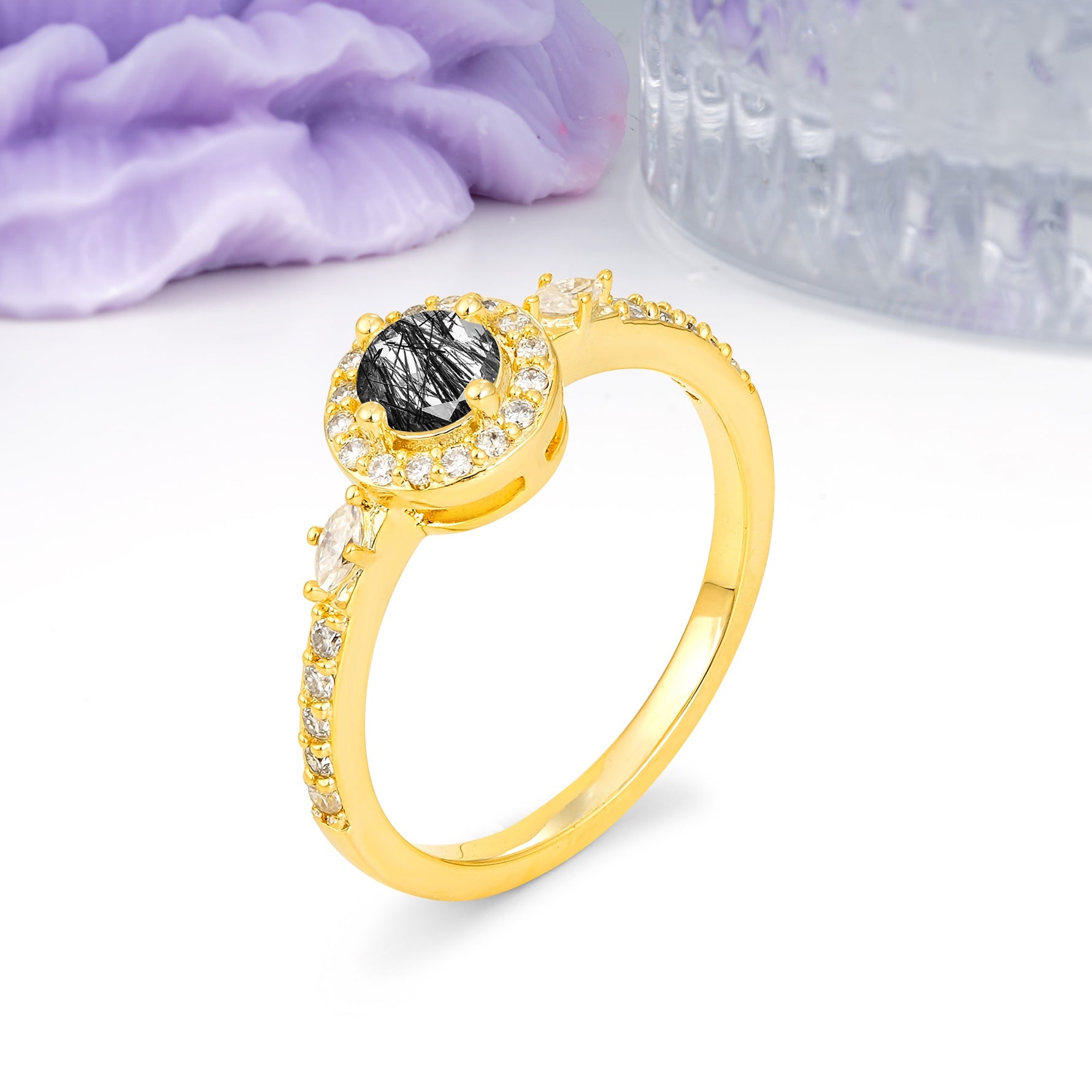Distinctive Pavé Set 4 Prong Round Cut Black Rutilated Quartz Wedding Ring - Additional view