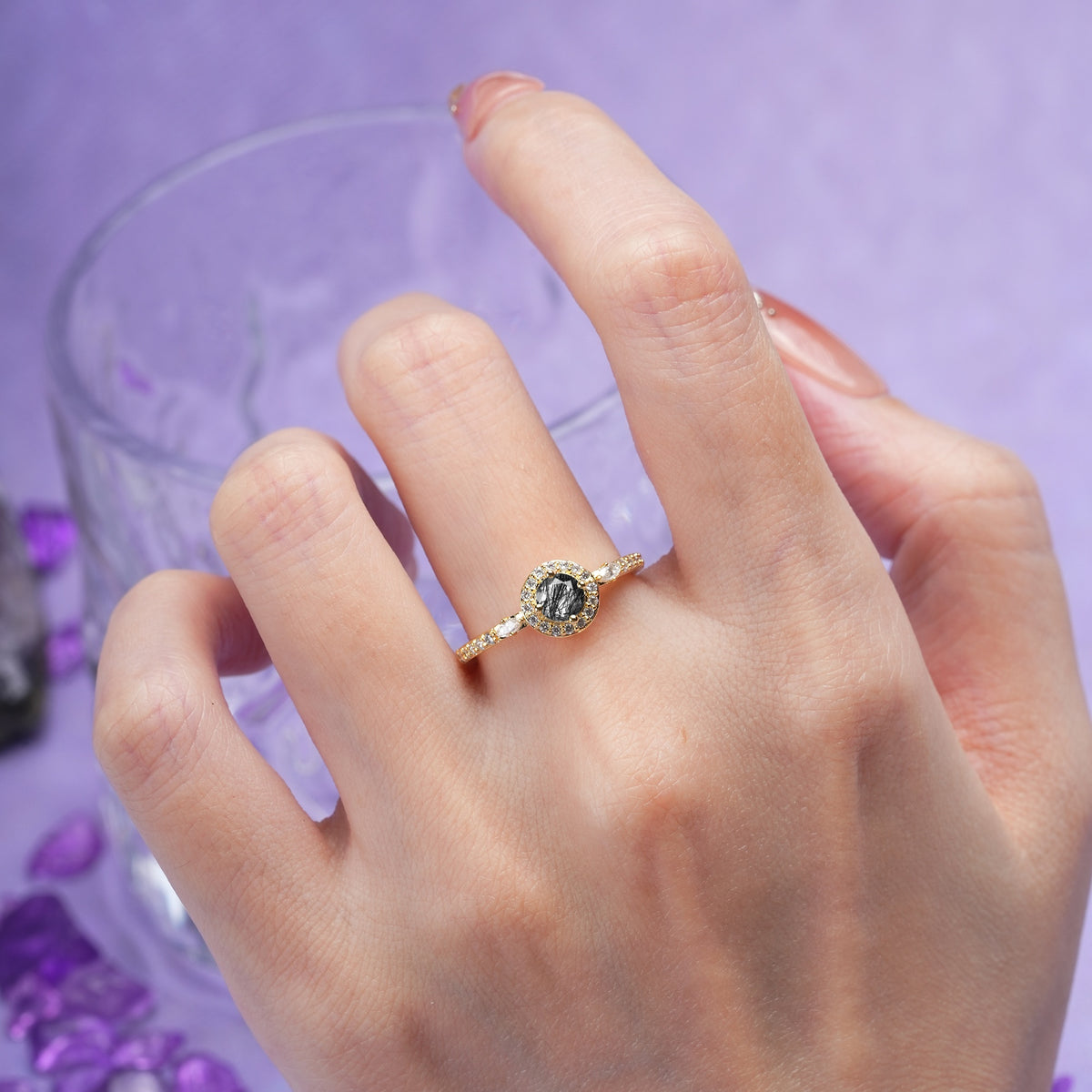 Distinctive Pavé Set 4 Prong Round Cut Black Rutilated Quartz Wedding Ring - Additional view