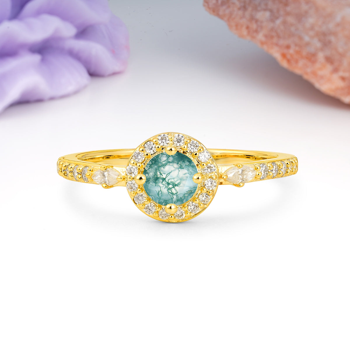 Distinctive Pavé Set 4 Prong Round Cut Moss Agate Wedding Ring - Additional view