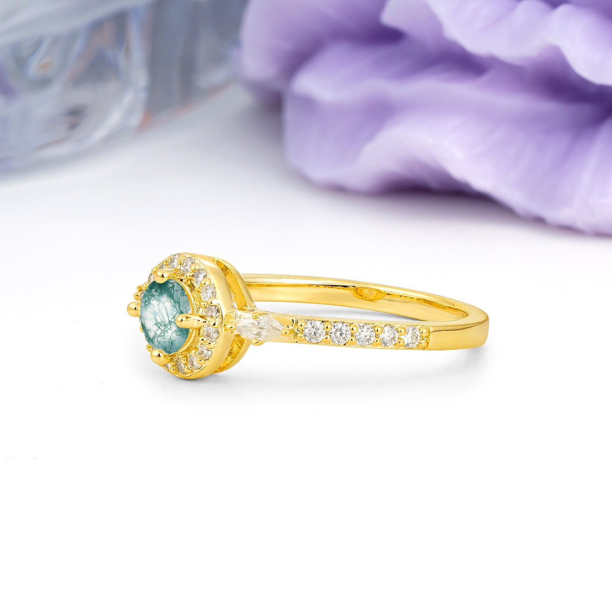 Distinctive Pavé Set 4 Prong Round Cut Moss Agate Wedding Ring - Additional view