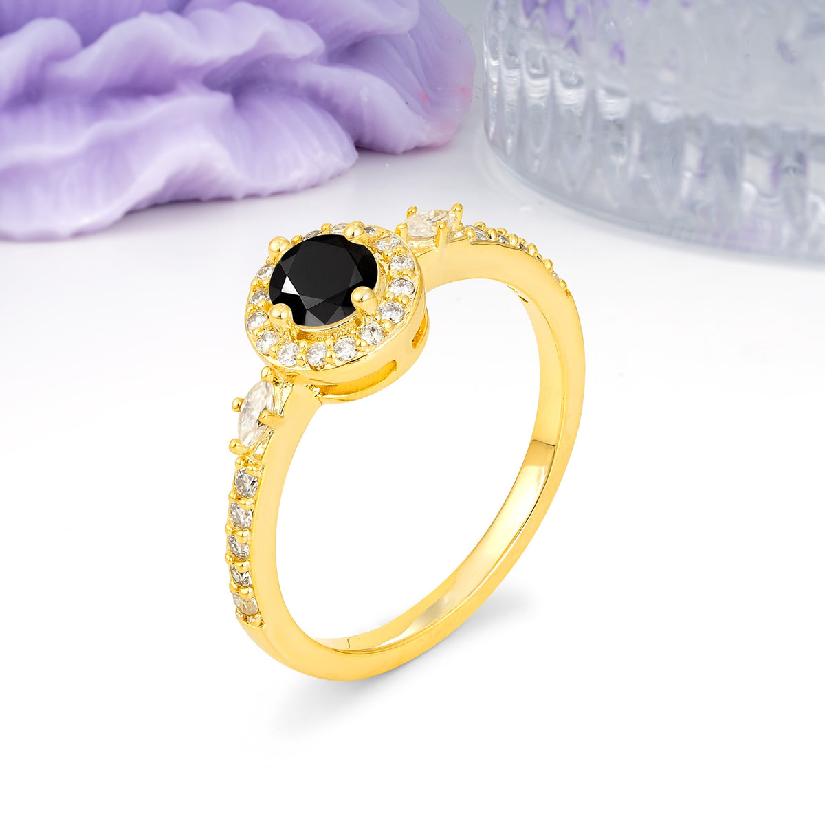 Distinctive Pavé Set 4 Prong Round Cut Black Onyx Wedding Ring - Additional view