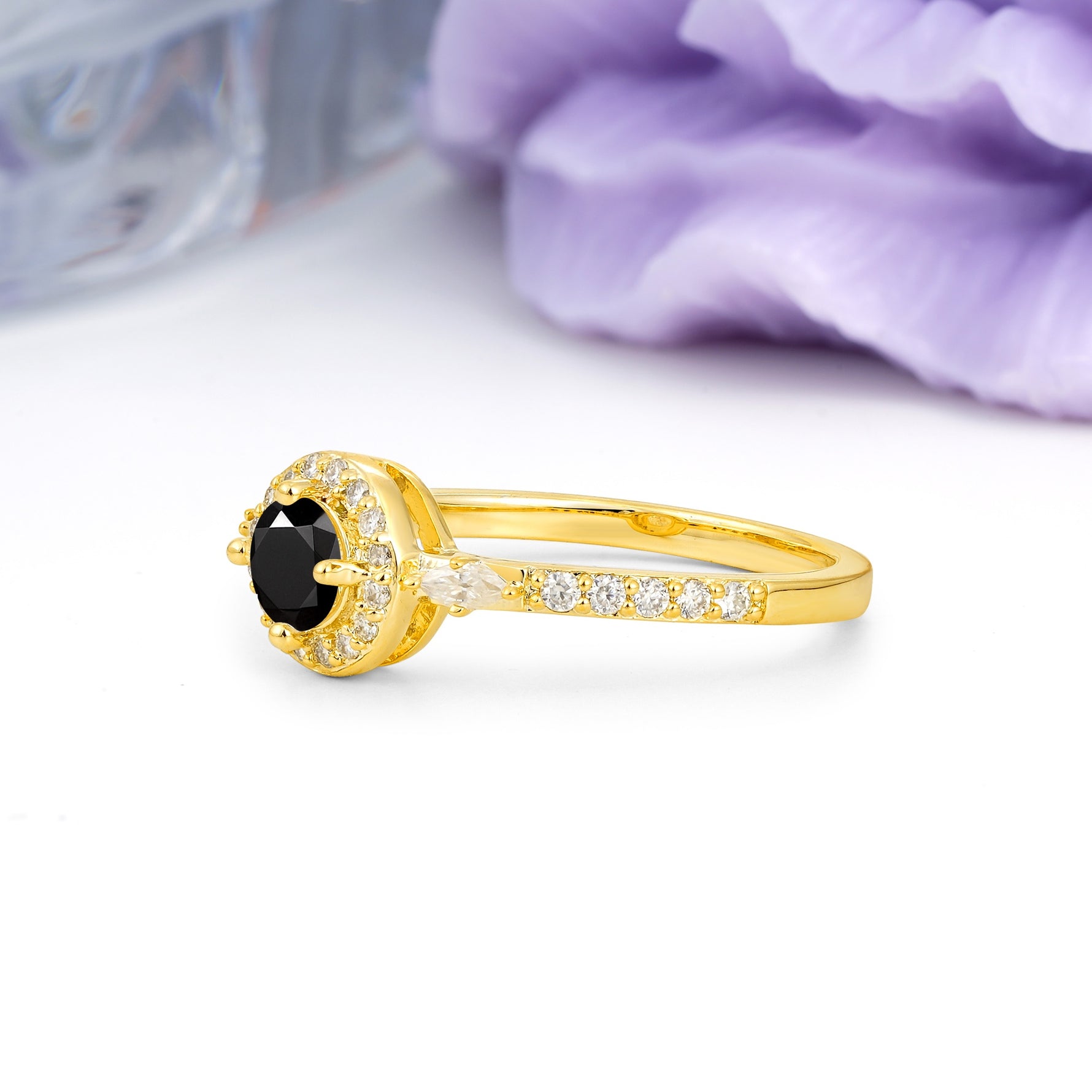 Distinctive Pavé Set 4 Prong Round Cut Black Onyx Wedding Ring - Additional view