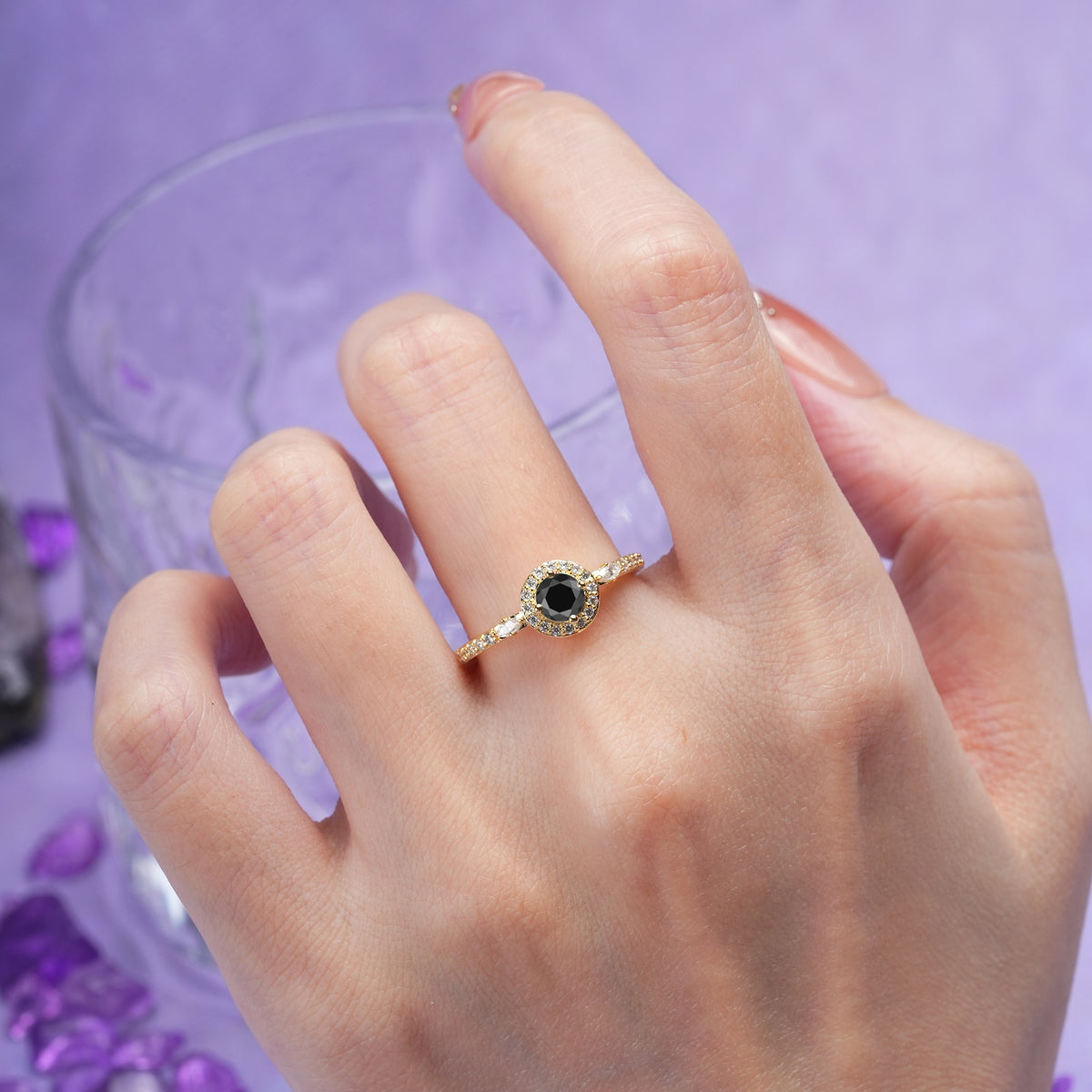 Distinctive Pavé Set 4 Prong Round Cut Black Onyx Wedding Ring - Additional view
