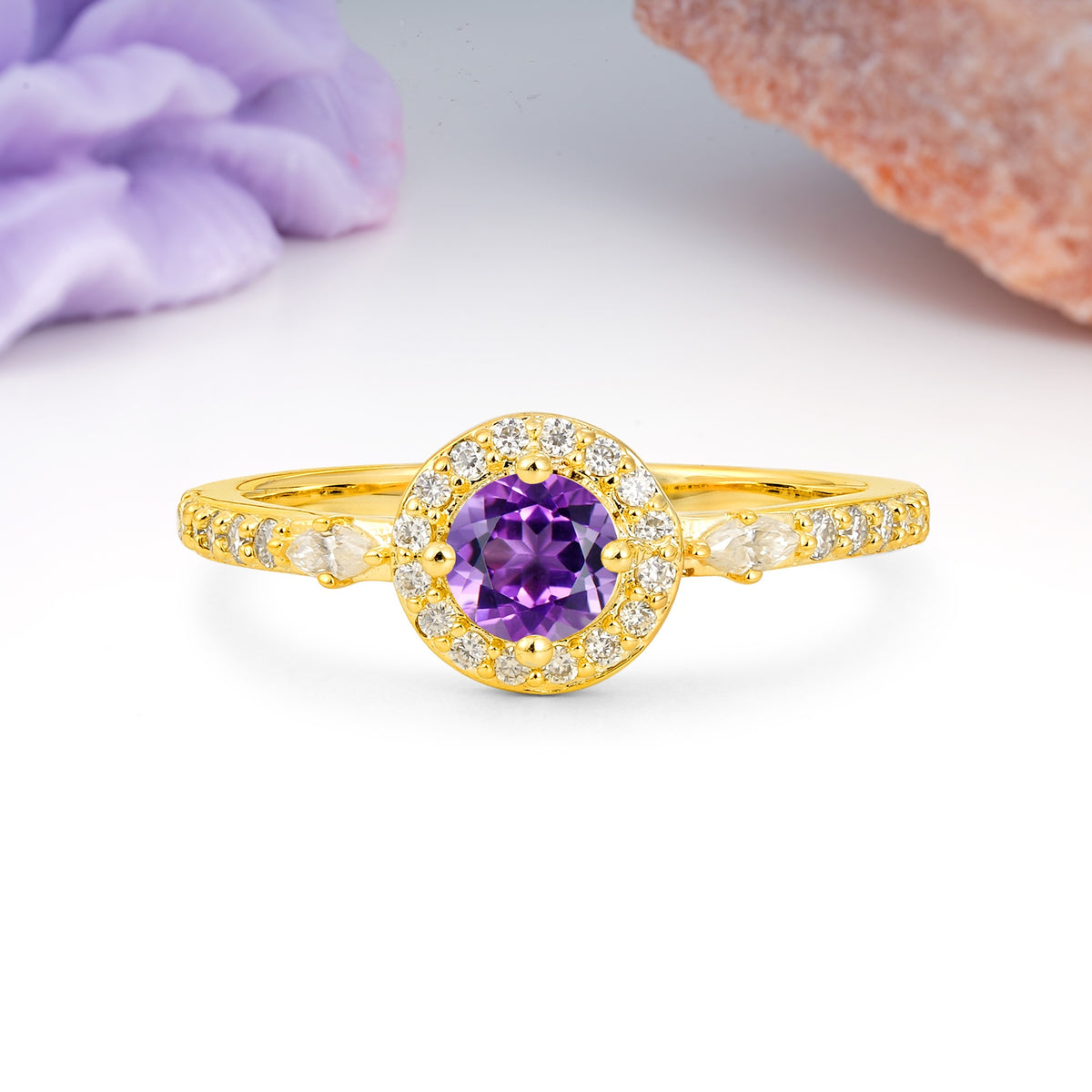 Distinctive Pavé Set 4 Prong Round Cut Amethyst Wedding Ring - Additional view