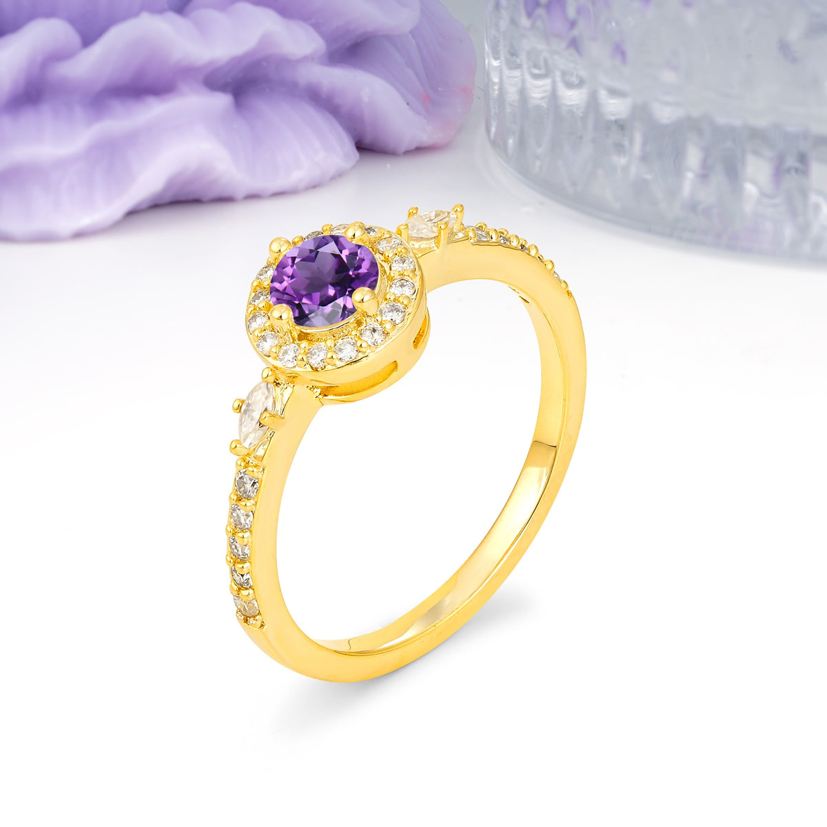 Distinctive Pavé Set 4 Prong Round Cut Amethyst Wedding Ring - Additional view