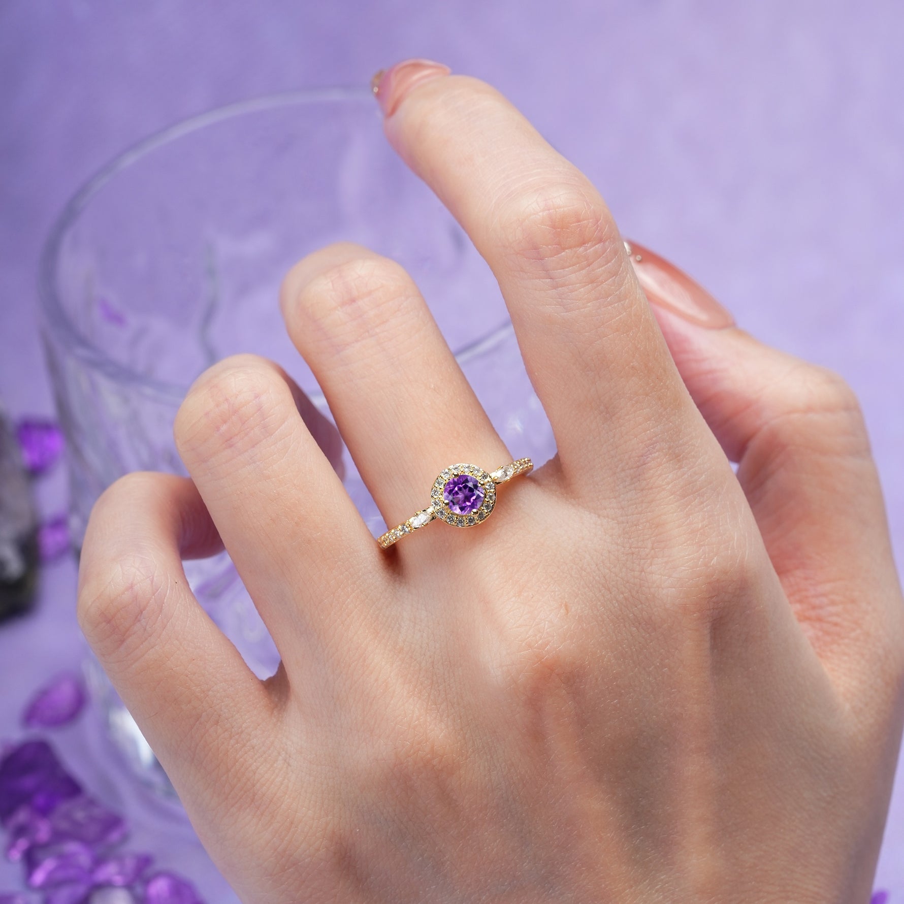 Distinctive Pavé Set 4 Prong Round Cut Amethyst Wedding Ring - Additional view