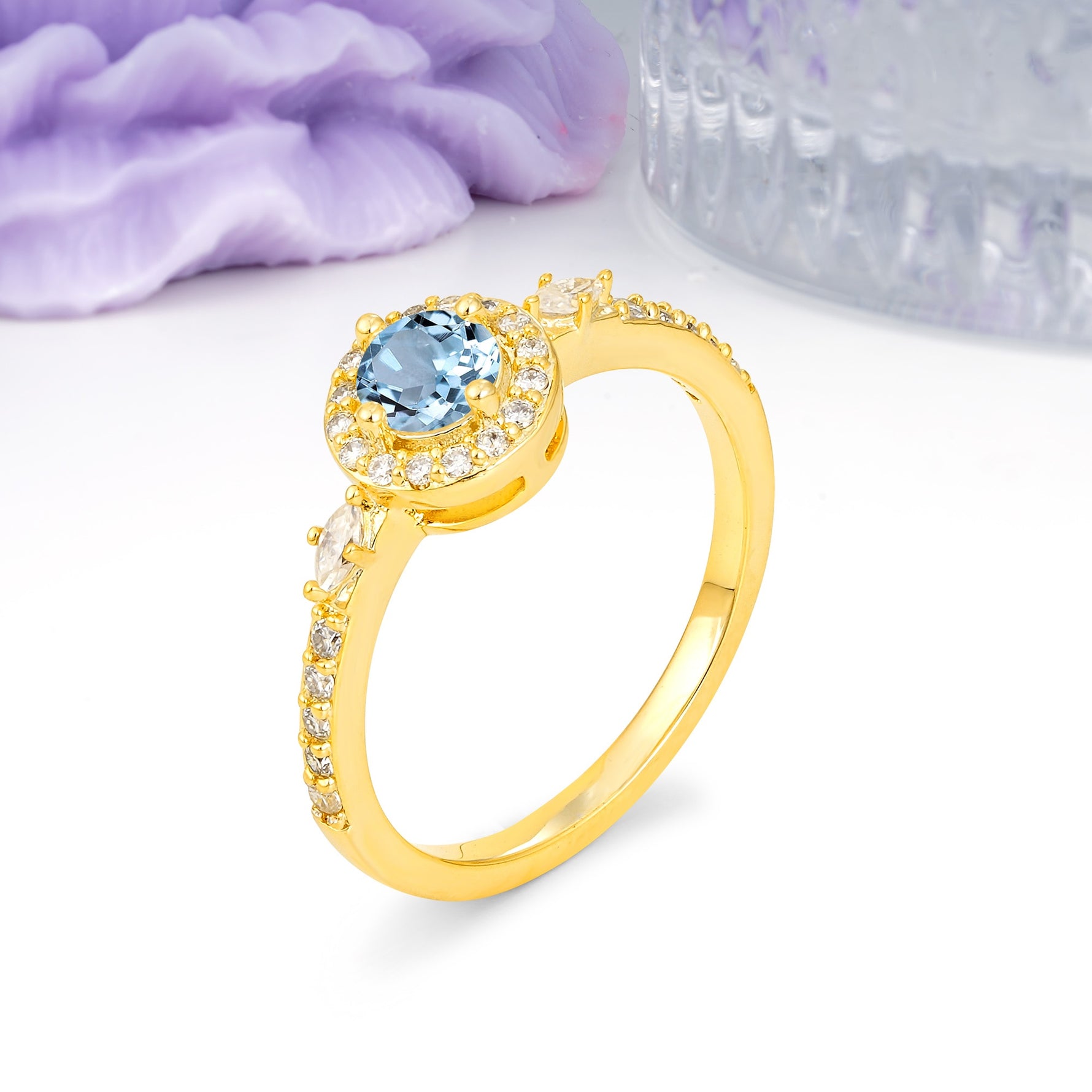 Distinctive Pavé Set 4 Prong Round Cut Aquamarine Wedding Ring - Additional view