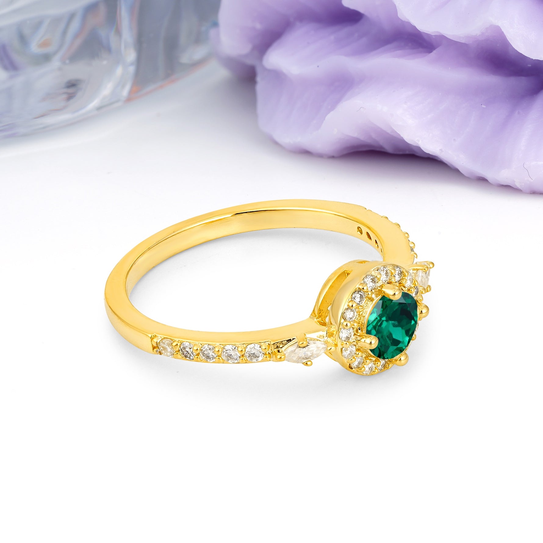 Distinctive Pavé Set 4 Prong Round Cut Emerald Wedding Ring - Additional view