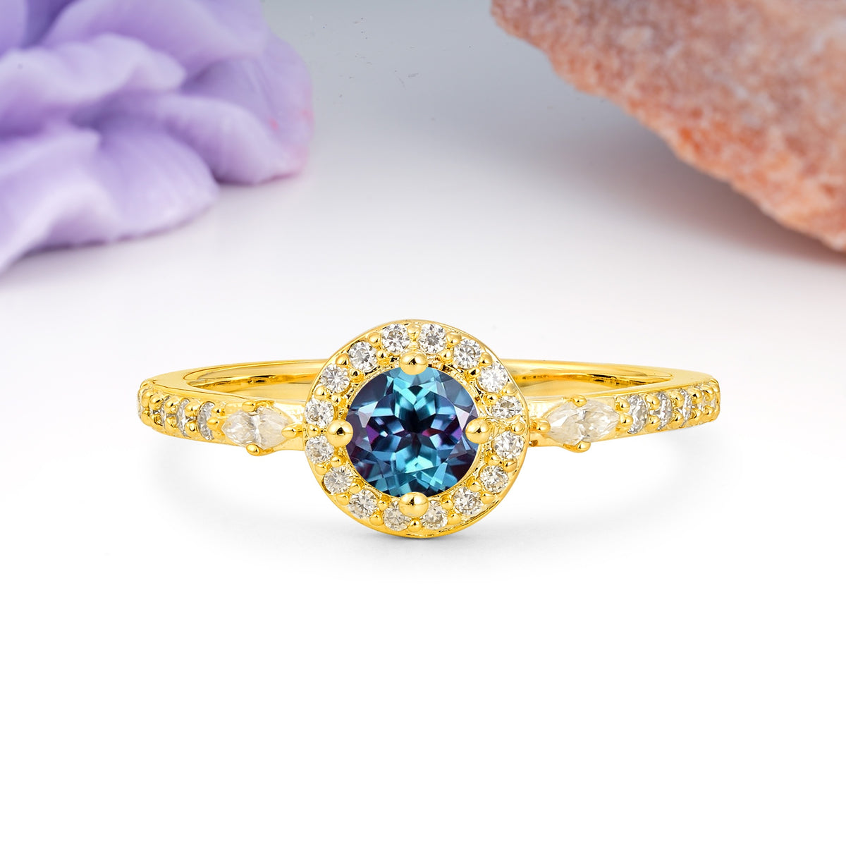 Distinctive Pavé Set 4 Prong Round Cut Alexandrite Wedding Ring - Additional view