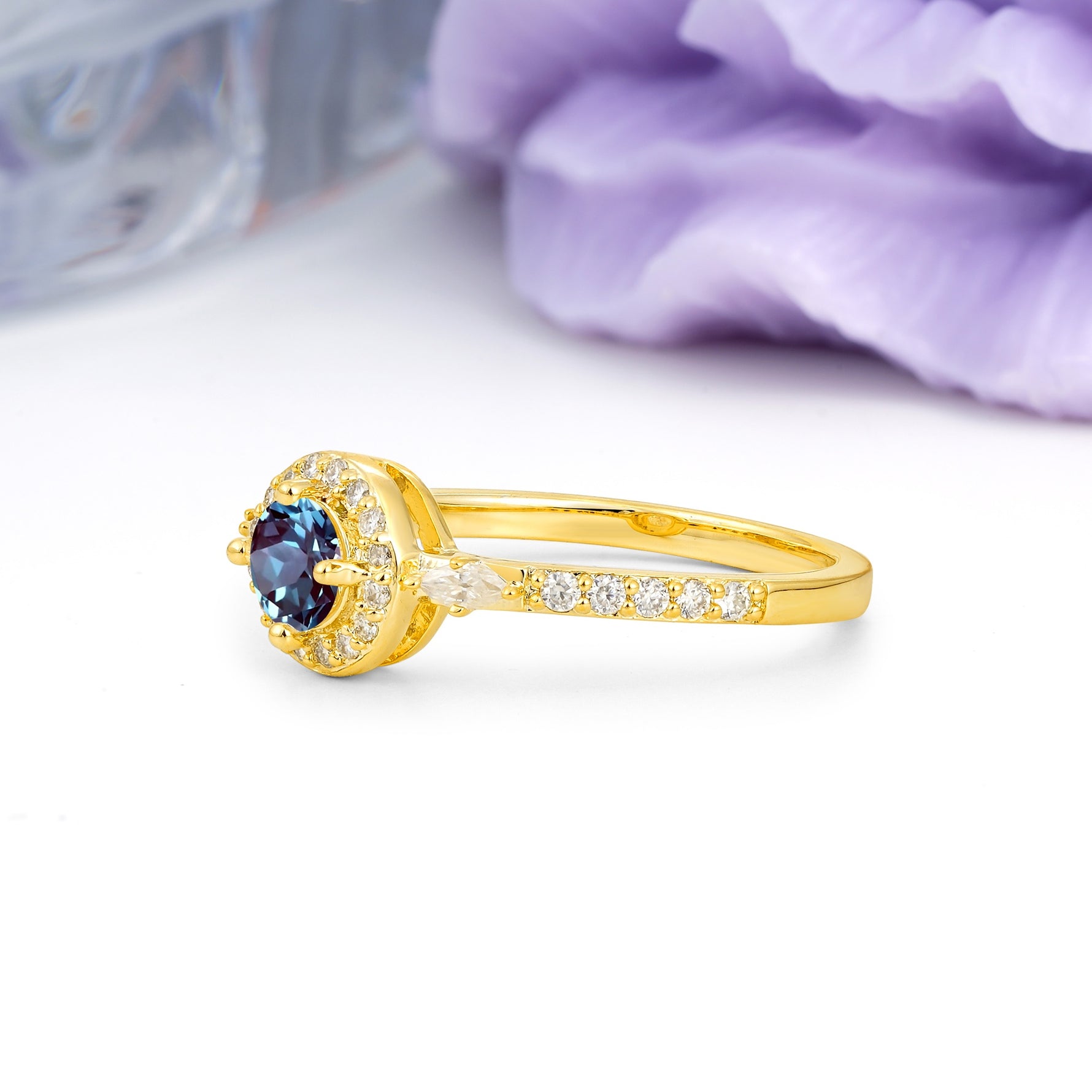 Distinctive Pavé Set 4 Prong Round Cut Alexandrite Wedding Ring - Additional view