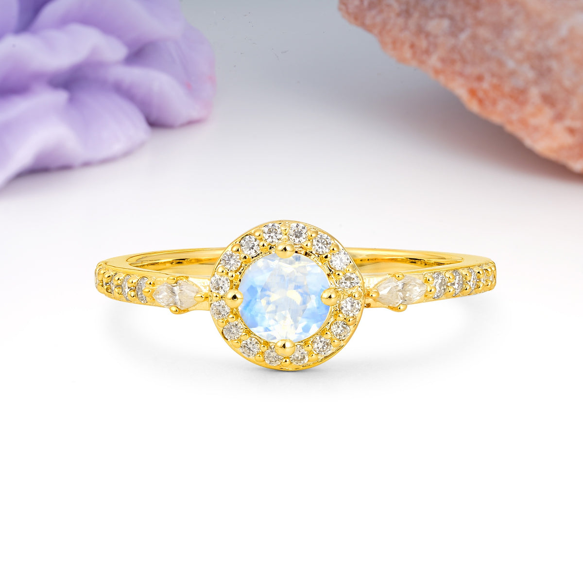 Distinctive Pavé Set 4 Prong Round Cut Moonstone Wedding Ring - Additional view