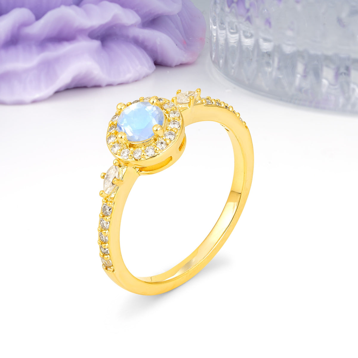 Distinctive Pavé Set 4 Prong Round Cut Moonstone Wedding Ring - Additional view