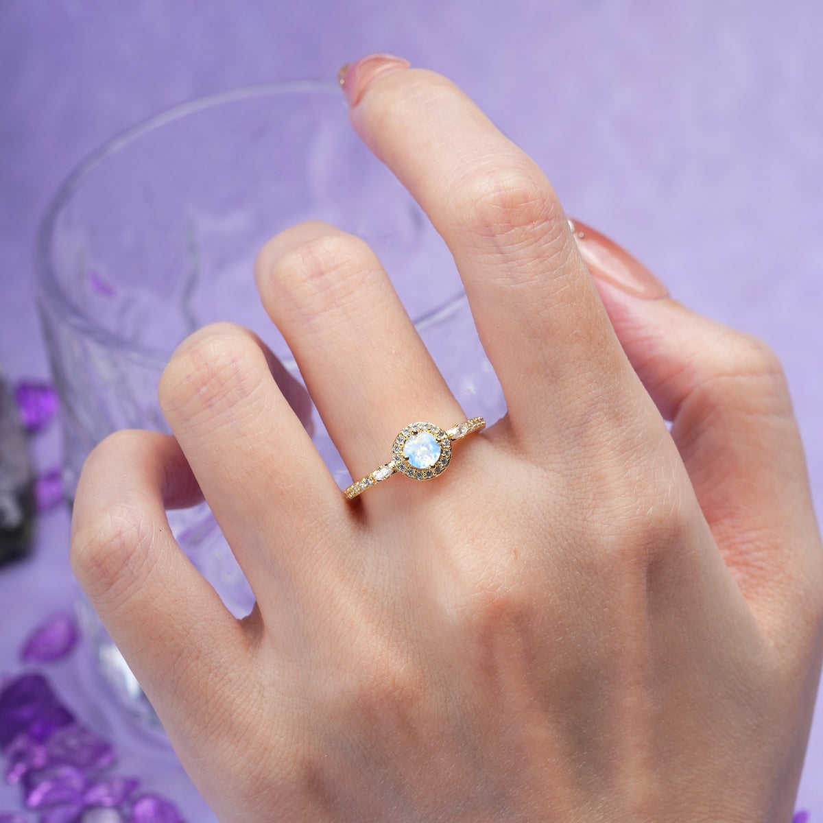 Distinctive Pavé Set 4 Prong Round Cut Moonstone Wedding Ring - Additional view