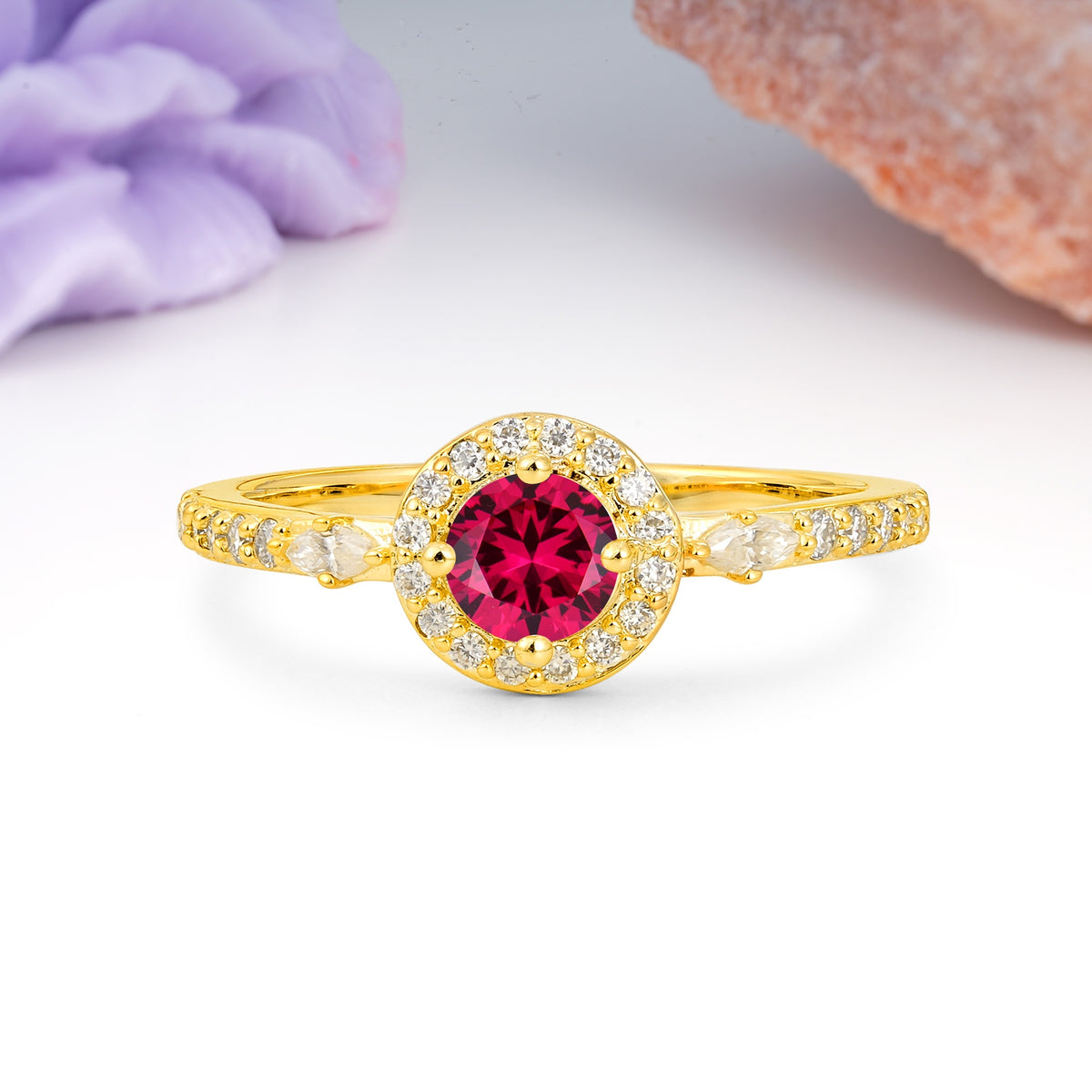 Distinctive Pavé Set 4 Prong Round Cut Ruby Wedding Ring - Additional view