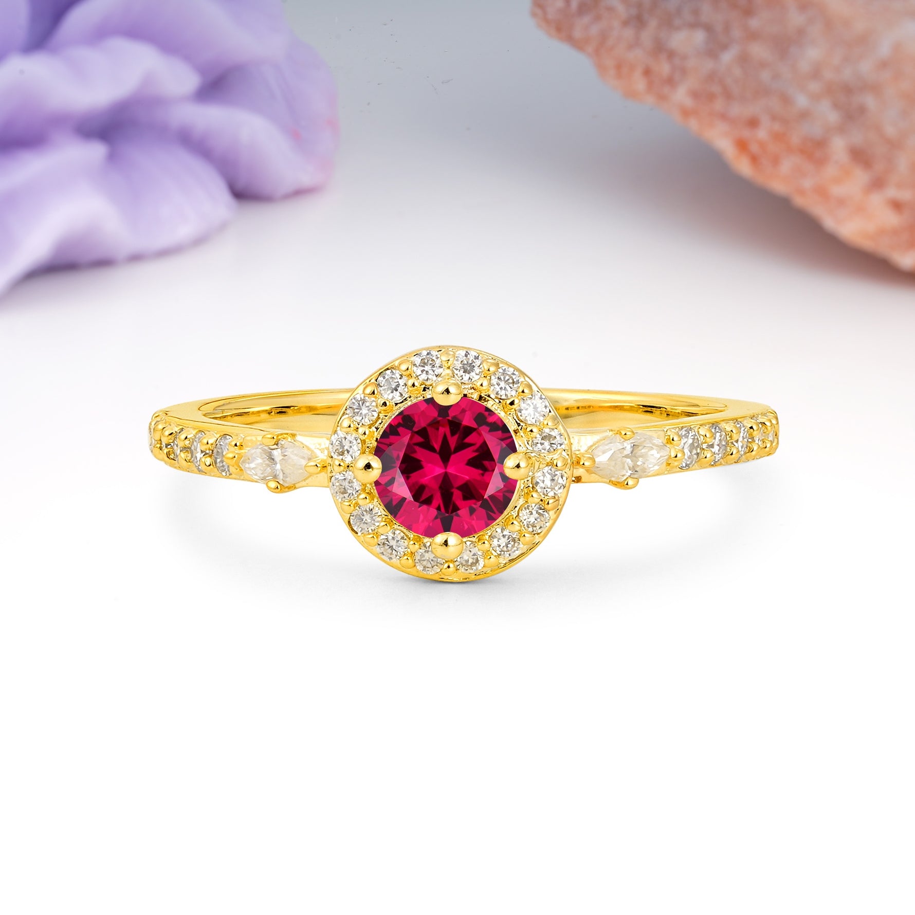 Distinctive Pavé Set 4 Prong Round Cut Ruby Wedding Ring - Additional view