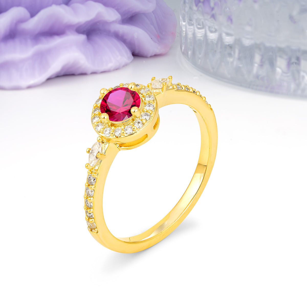 Distinctive Pavé Set 4 Prong Round Cut Ruby Wedding Ring - Additional view