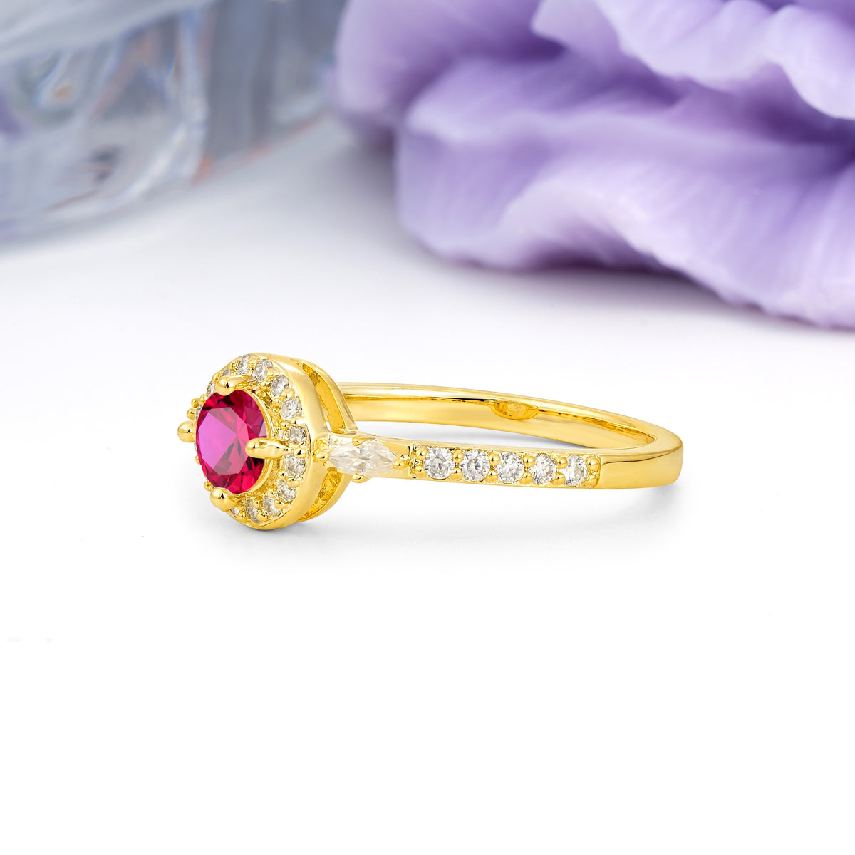 Distinctive Pavé Set 4 Prong Round Cut Ruby Wedding Ring - Additional view