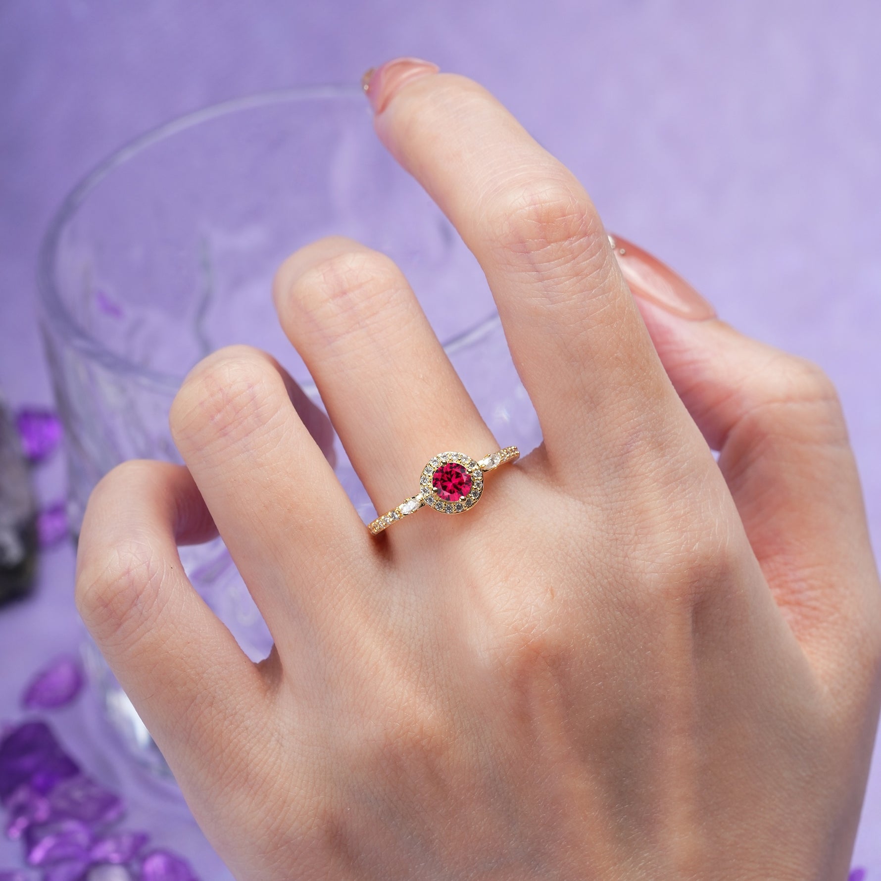 Distinctive Pavé Set 4 Prong Round Cut Ruby Wedding Ring - Additional view
