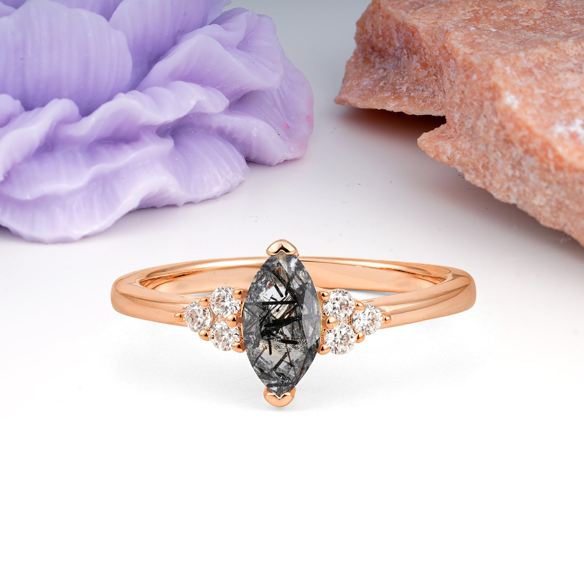 Luxurious Classic 2-Prong Marquise Cut Black Rutilated Quartz Engagement Ring - Additional view