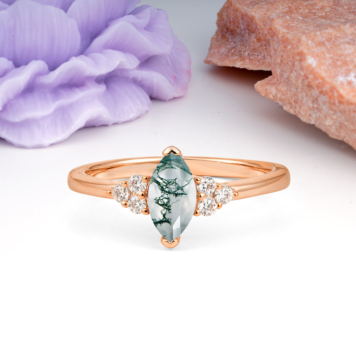 Luxurious Classic 2-Prong Marquise Cut Moss Agate Engagement Ring - Additional view