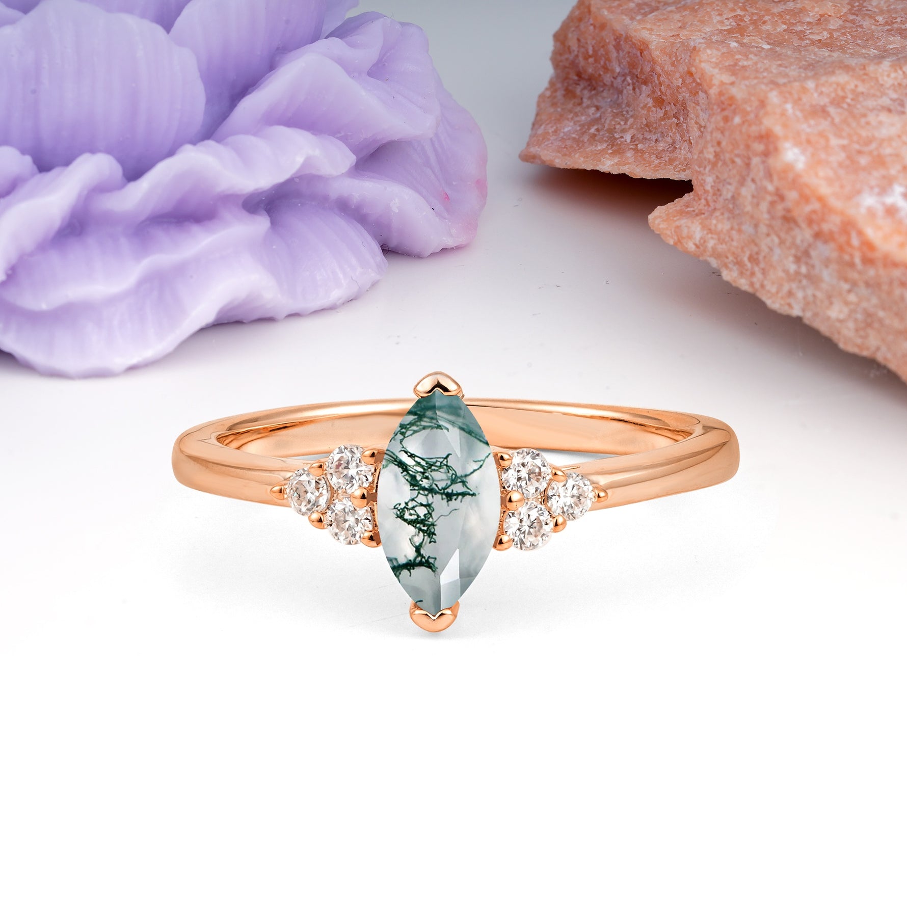 Luxurious Classic 2-Prong Marquise Cut Moss Agate Engagement Ring - Additional view