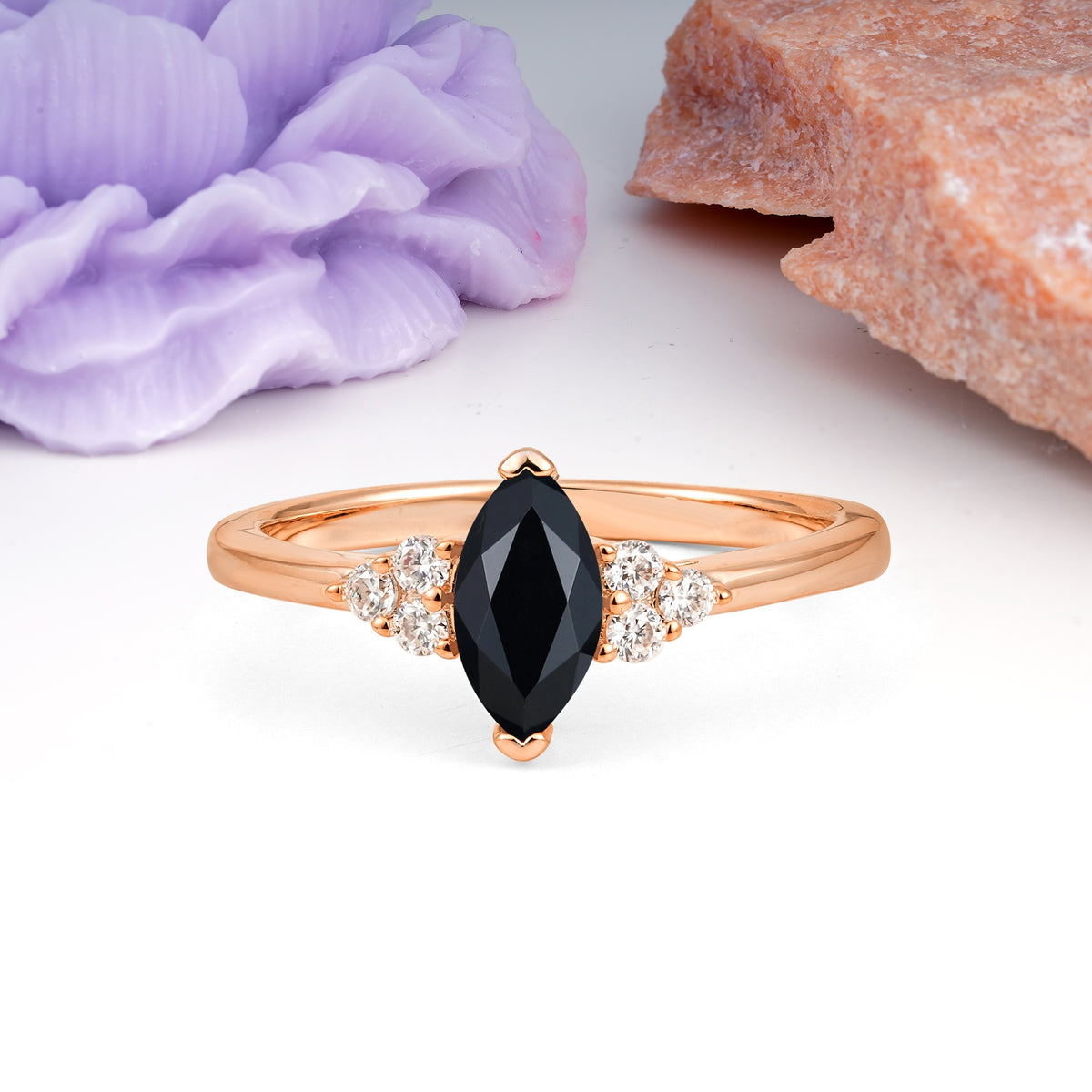 Luxurious Classic 2-Prong Marquise Cut Black Onyx Engagement Ring - Additional view