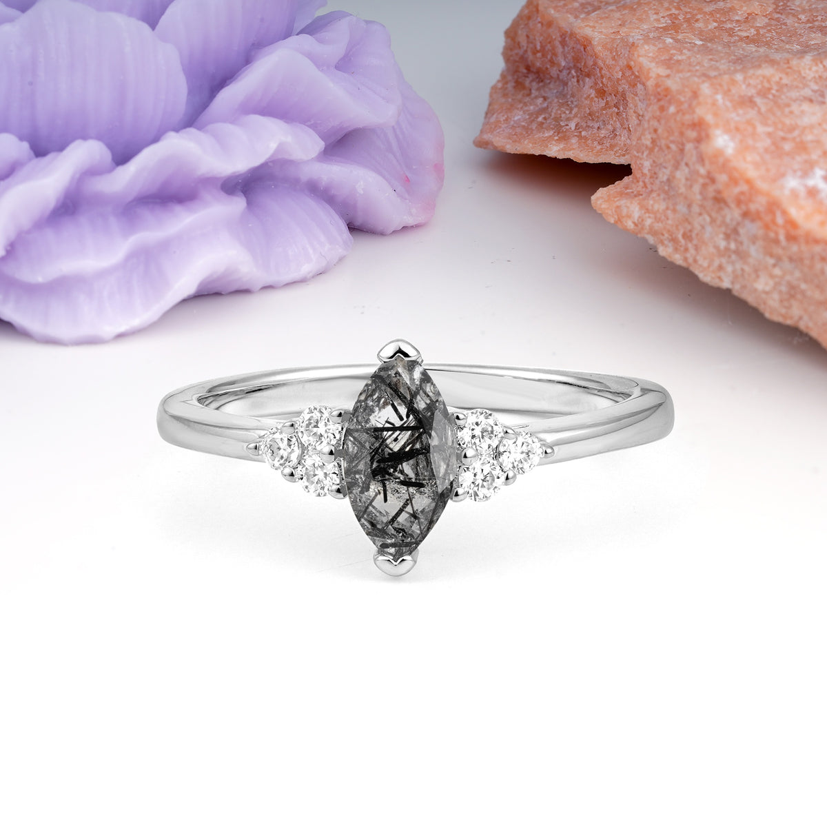 Luxurious Classic 2-Prong Marquise Cut Black Rutilated Quartz Engagement Ring - Additional view