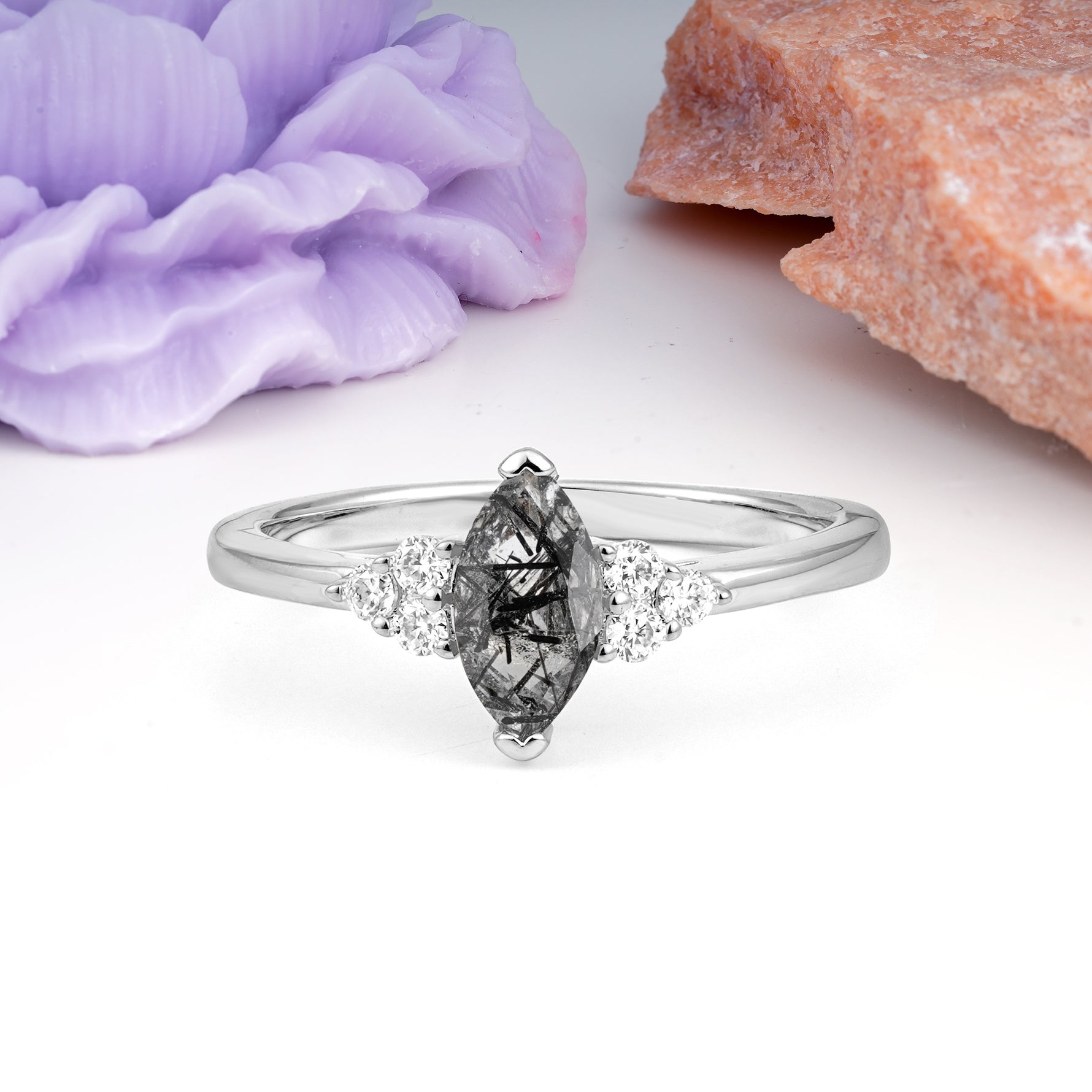 Luxurious Classic 2-Prong Marquise Cut Black Rutilated Quartz Engagement Ring - Additional view