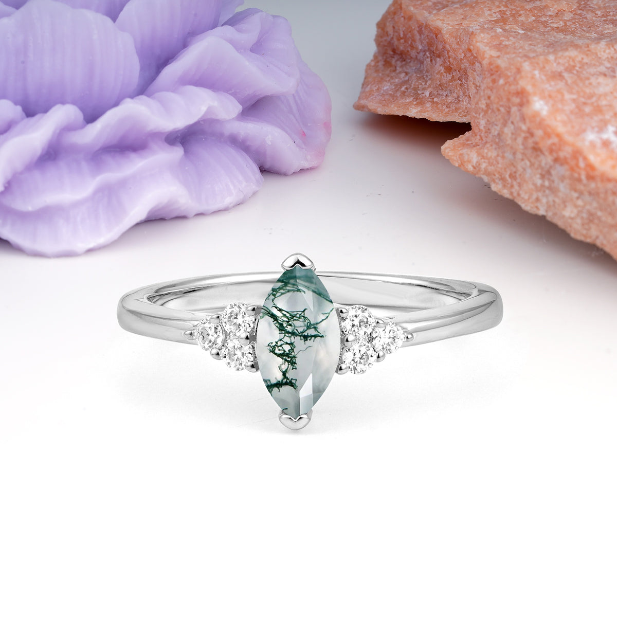 Luxurious Classic 2-Prong Marquise Cut Moss Agate Engagement Ring - Additional view