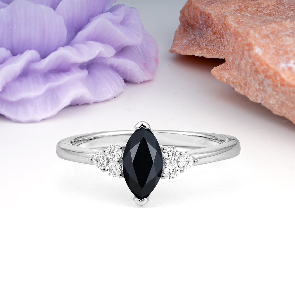 Luxurious Classic 2-Prong Marquise Cut Black Onyx Engagement Ring - Additional view
