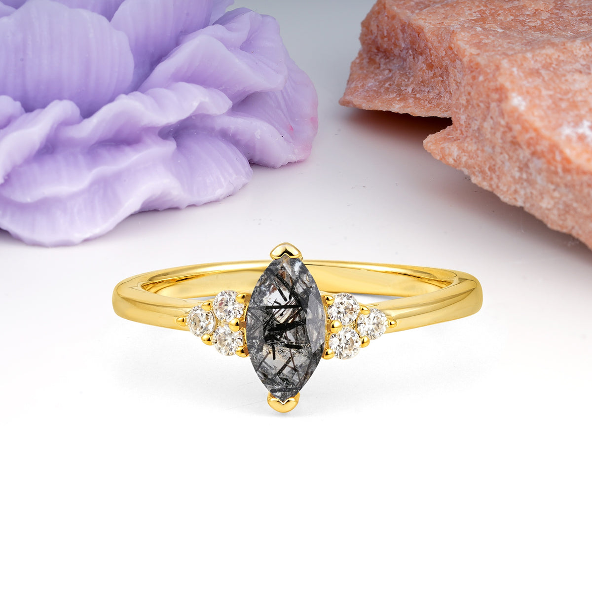 Luxurious Classic 2-Prong Marquise Cut Black Rutilated Quartz Engagement Ring - Additional view