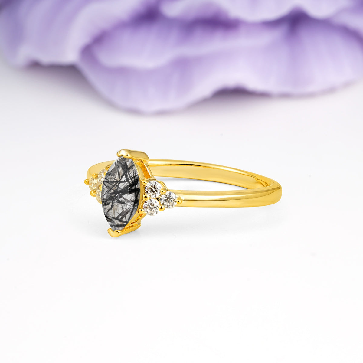 Luxurious Classic 2-Prong Marquise Cut Black Rutilated Quartz Engagement Ring - Additional view